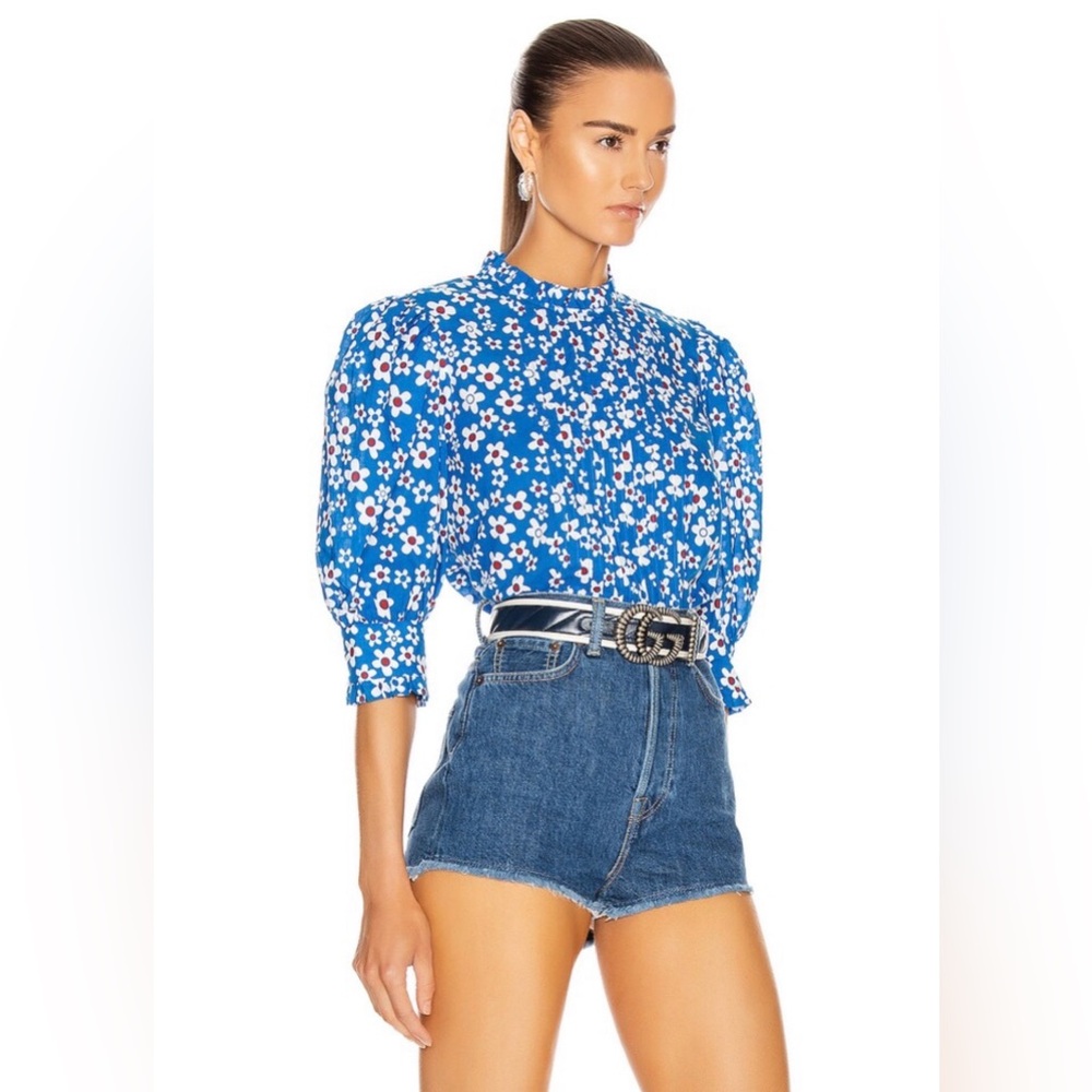 RIXO Mandy Retro Ruffle Puff Sleeve Top in Micro Mod Floral Blue Size XS/ US 4 - Picture 2 of 10